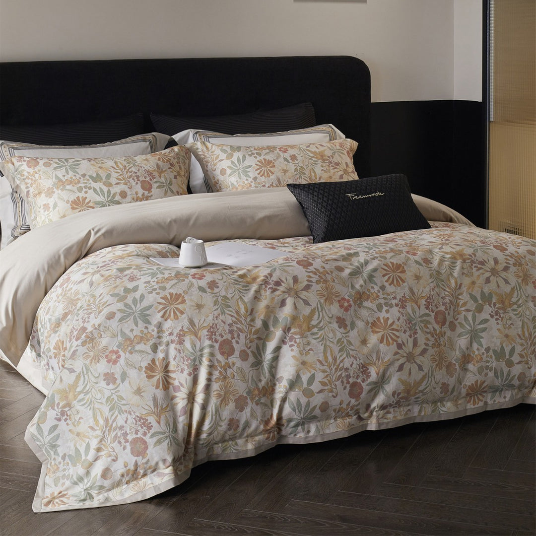 Botanical Watercolor Cotton Sateen Duvet Cover Set with Oxford Pillow Shams
