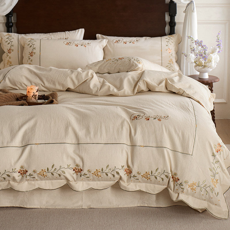 Embroidered Scalloped-Edge Cotton-Linen Blend Duvet Cover Set with Floral Vine Motif