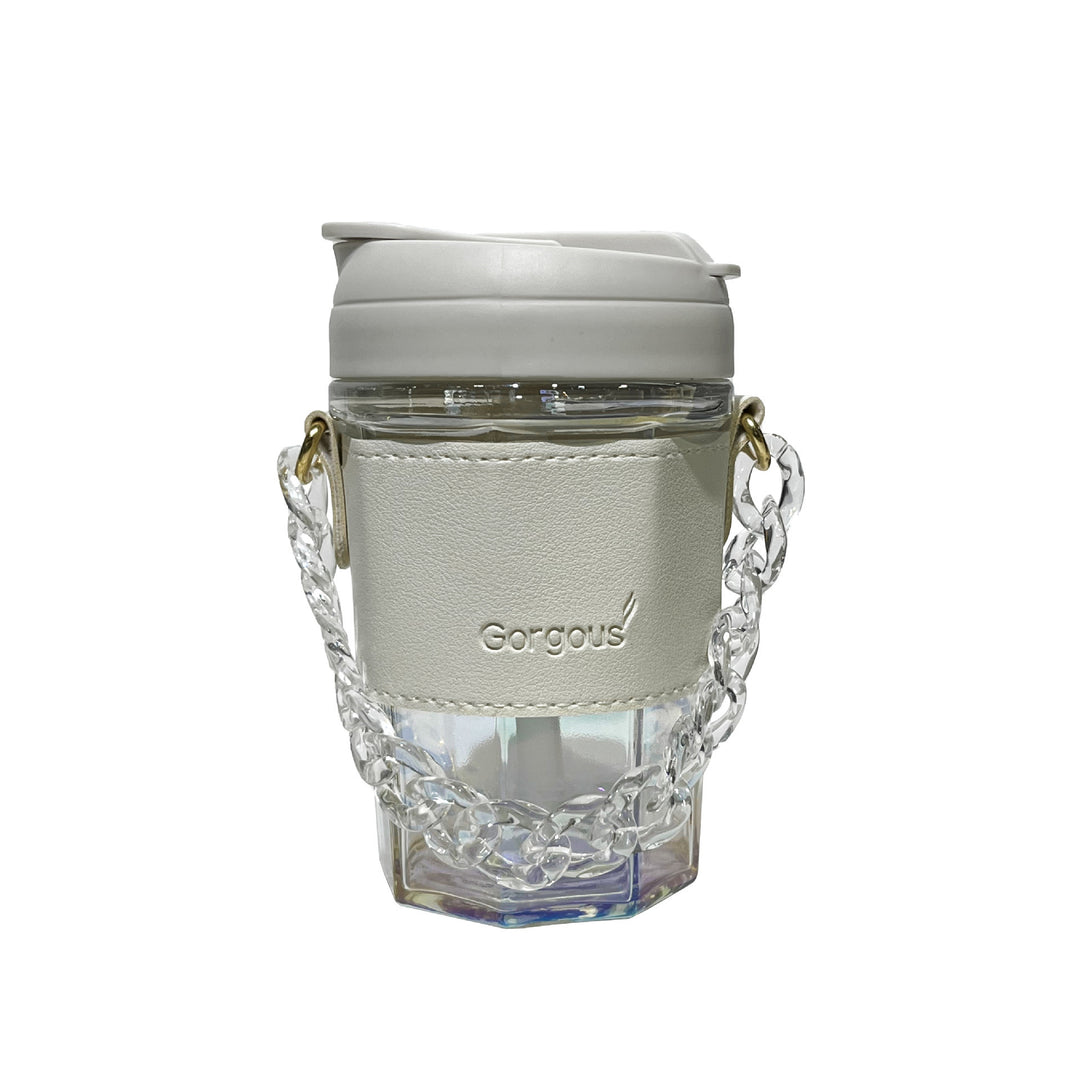 Women drinking cup with elegant leather handle and practical carrying chain Stornfield