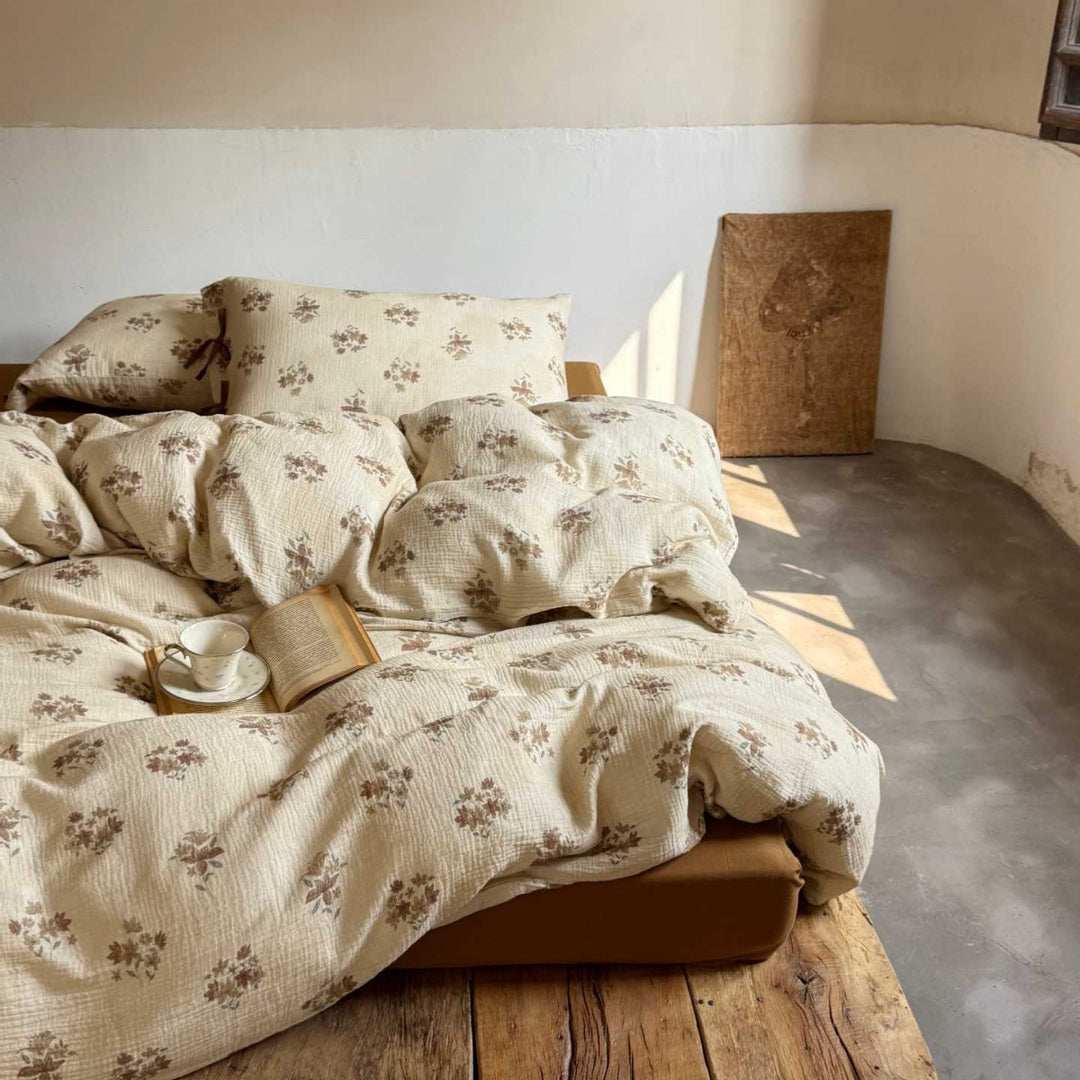 Natural cotton-linen duvet cover set with a crinkled linen look and floral tone-on-tone pattern