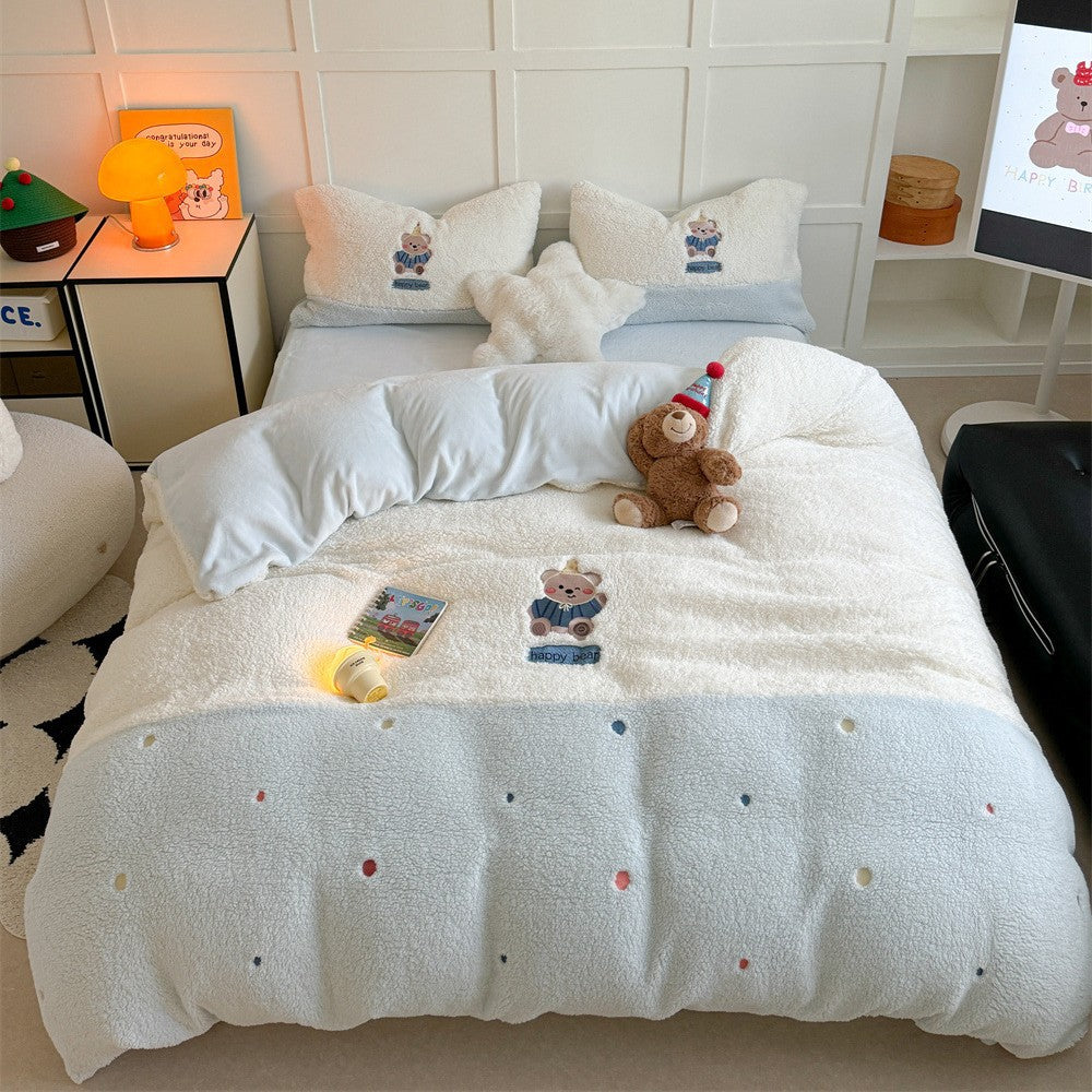 Plush quilt set with rabbit embroidery and Sherpa surface