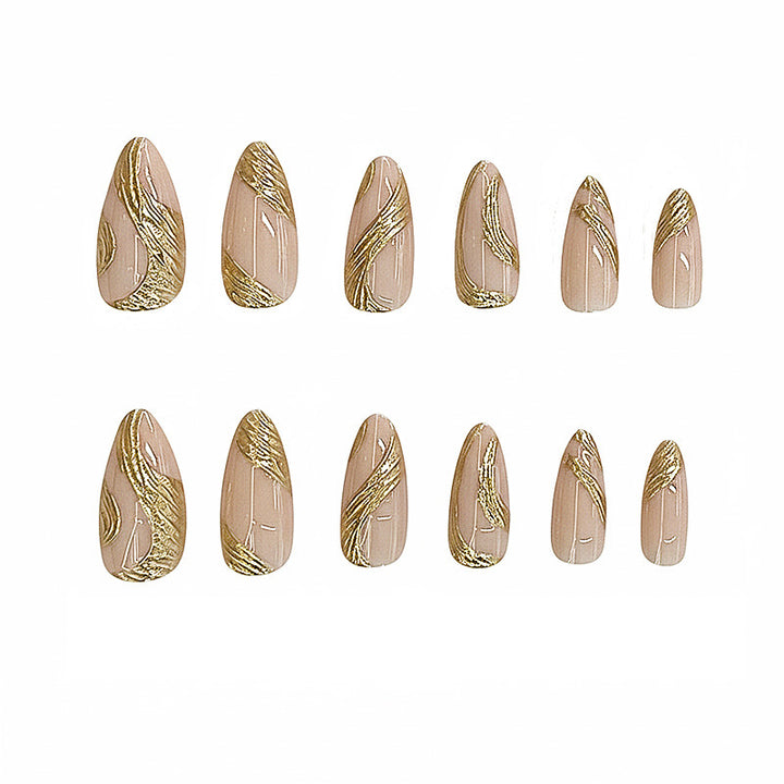 Artistic Press-On Nail Set with Gold Swirl Design Stornfield