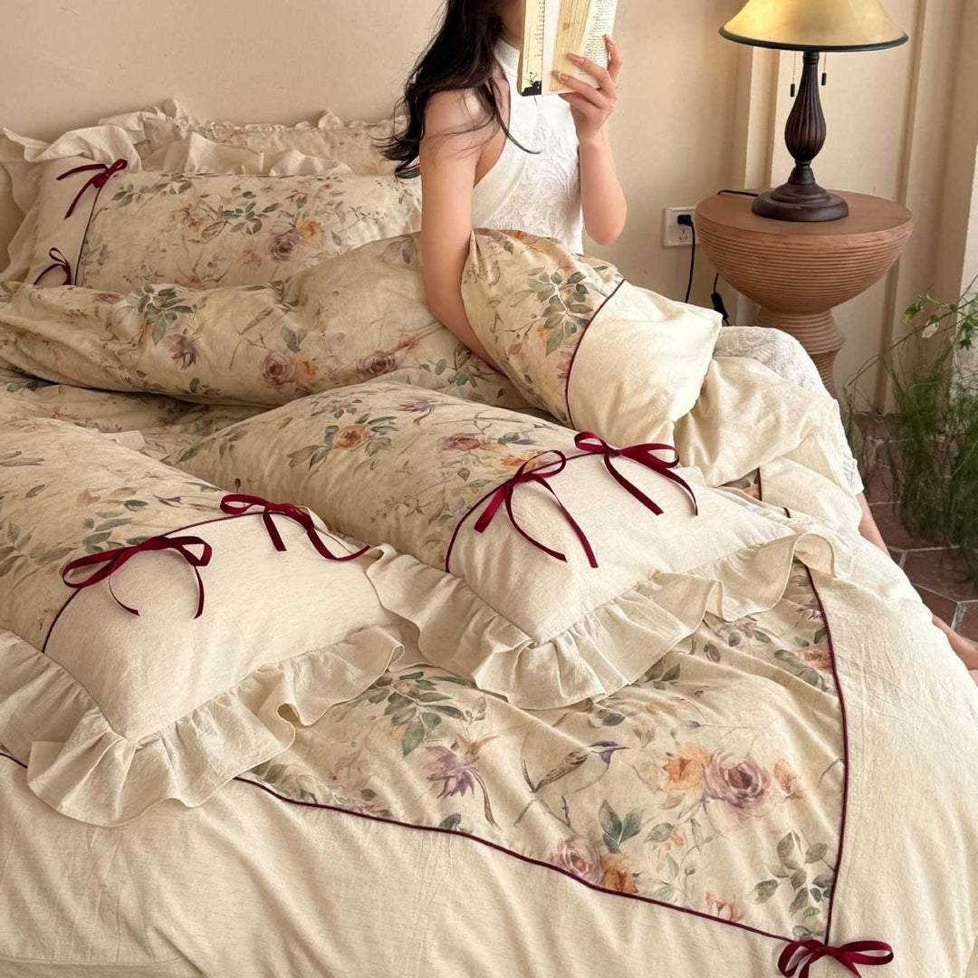 Romantic Floral Cotton-Linen Duvet Cover Set with Ruffled Shams & Ribbon Ties