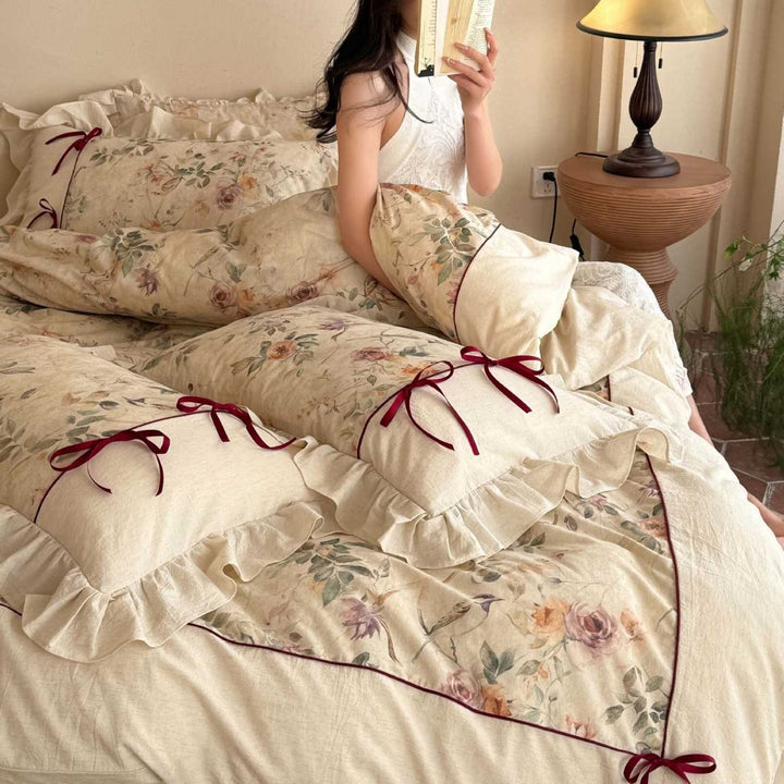 Romantic Floral Cotton-Linen Duvet Cover Set with Ruffled Shams & Ribbon Ties