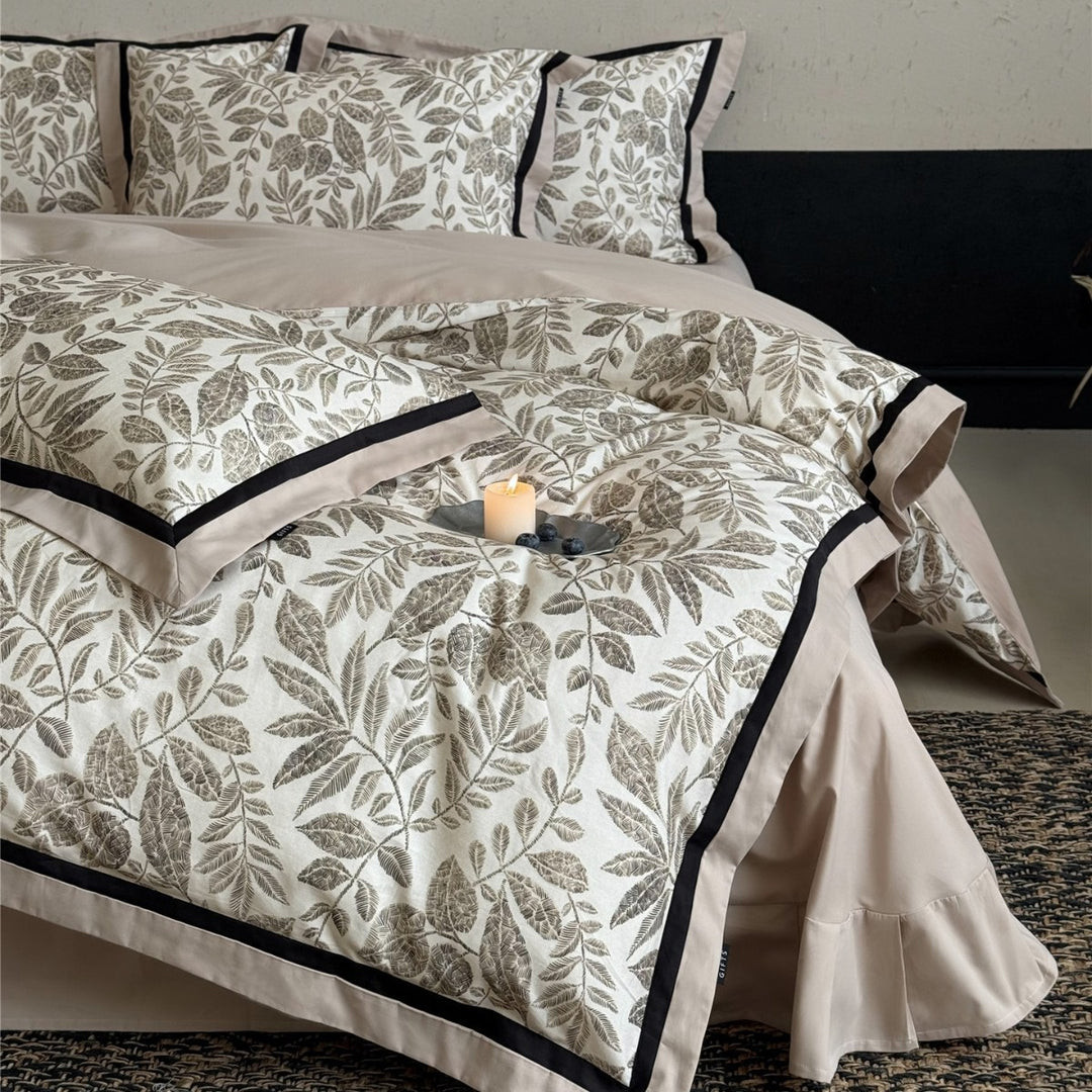 Botanical-Illustration Cotton Sateen Duvet Cover Set with Piped Border & Oxford Shams