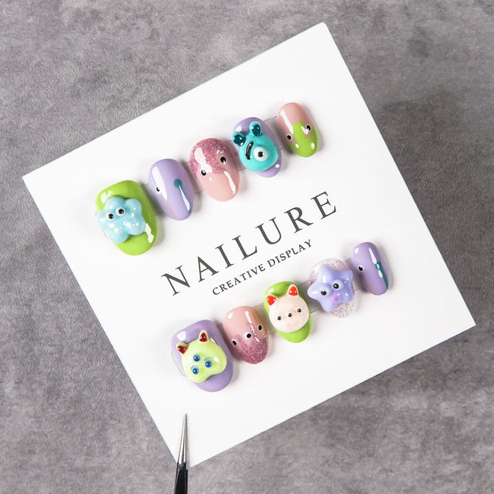 Artistic Nail Art Set with Playful 3D Designs