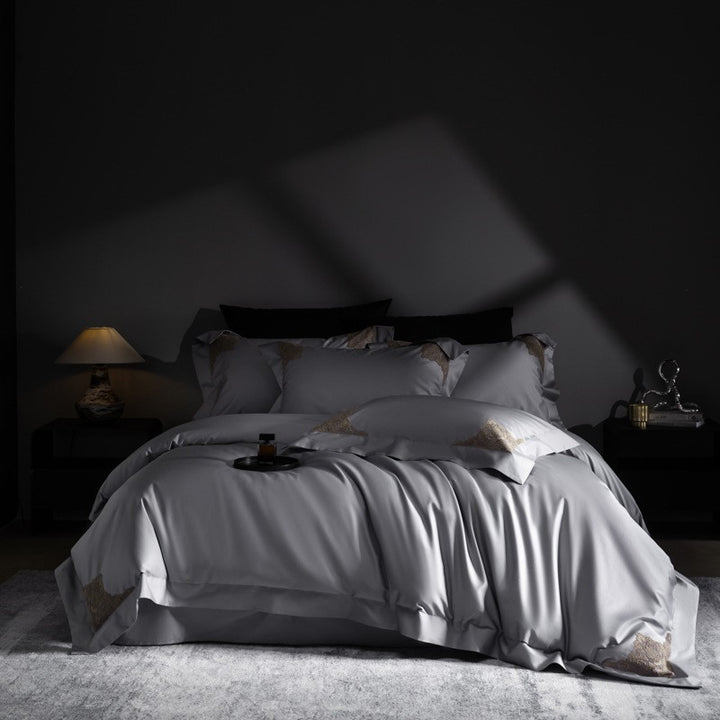 Luxury Sateen Duvet Cover Set with Embroidered Corner Motifs