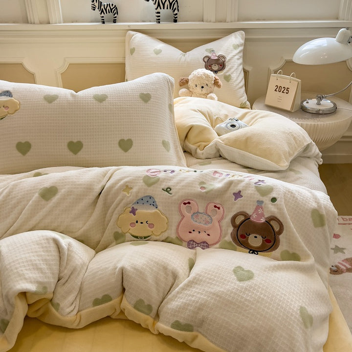 Reversible Flannel Duvet Comforter Set with Embroidered Elephant and Heart Motif