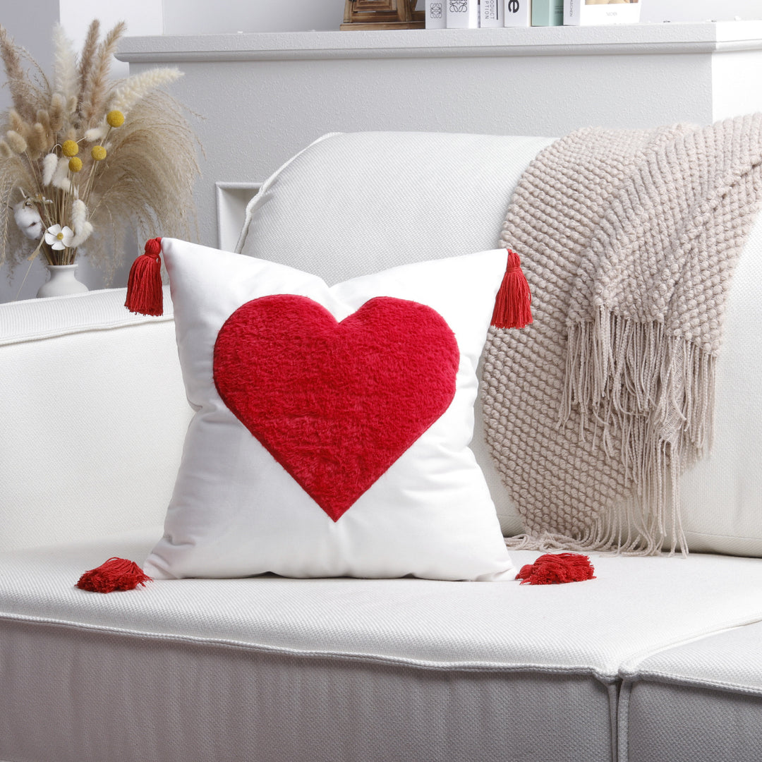 Square Decorative Pillow Cover with Fuzzy Heart Appliqué and Tassel Corners