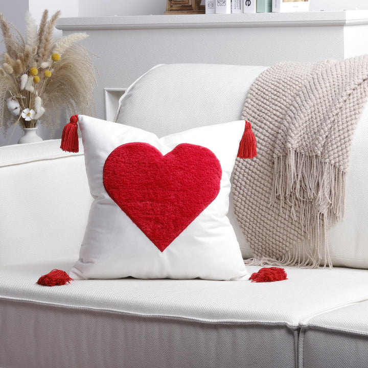 Square Decorative Pillow Cover with Fuzzy Heart Appliqué and Tassel Corners