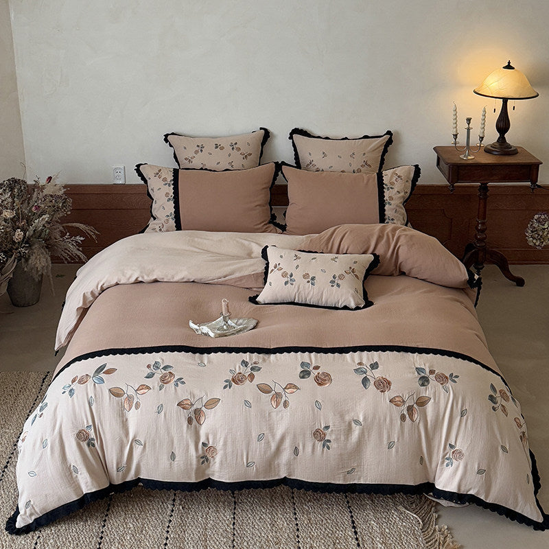 Embroidered Floral Reversible Duvet Cover Set with Ruffled Edge