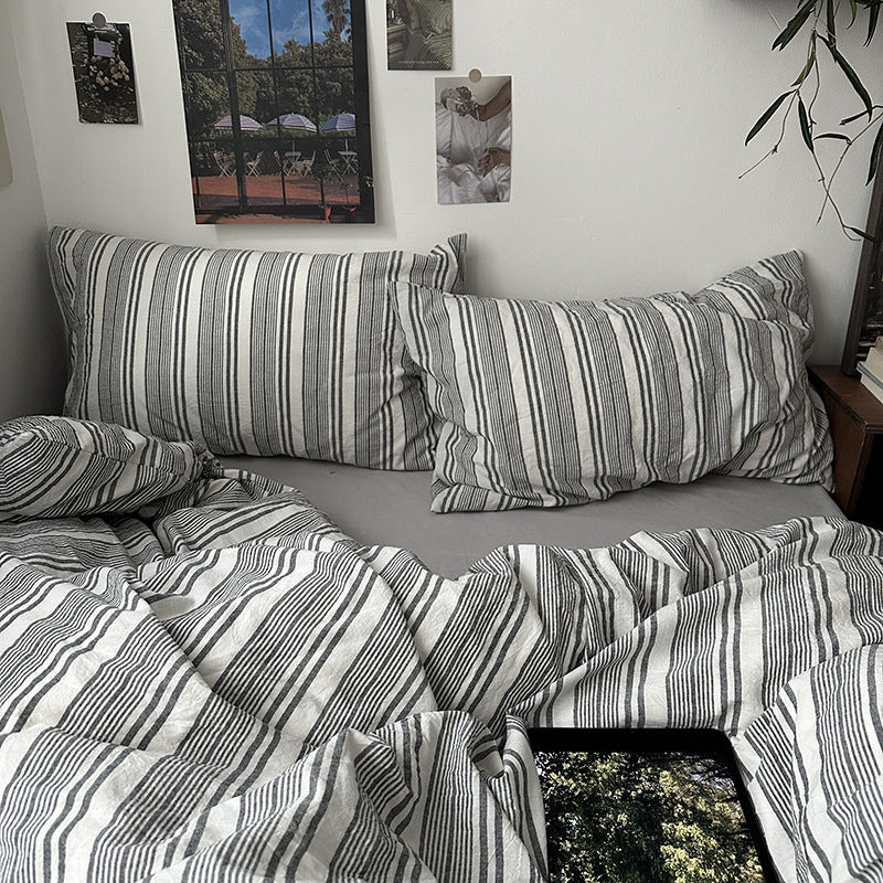 Reversible cotton-linen duvet cover set with natural texture, fine striped structure, and breathable, easy-care quality