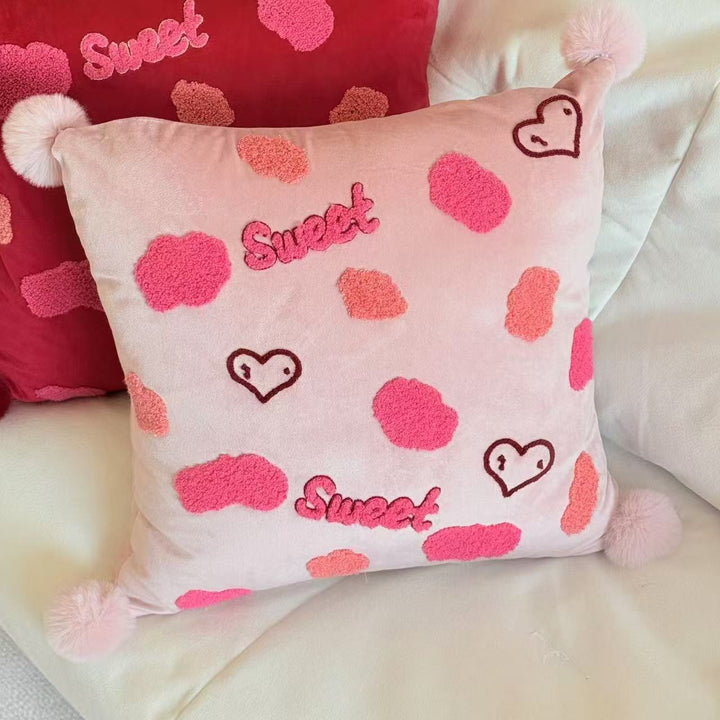Colorful Chenille Tufted Square Throw Pillow with Plush Pom-Pom Corners and Removable Insert