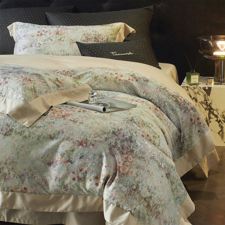 Reversible Watercolor Floral Sateen Duvet Cover Set with Satin Trim