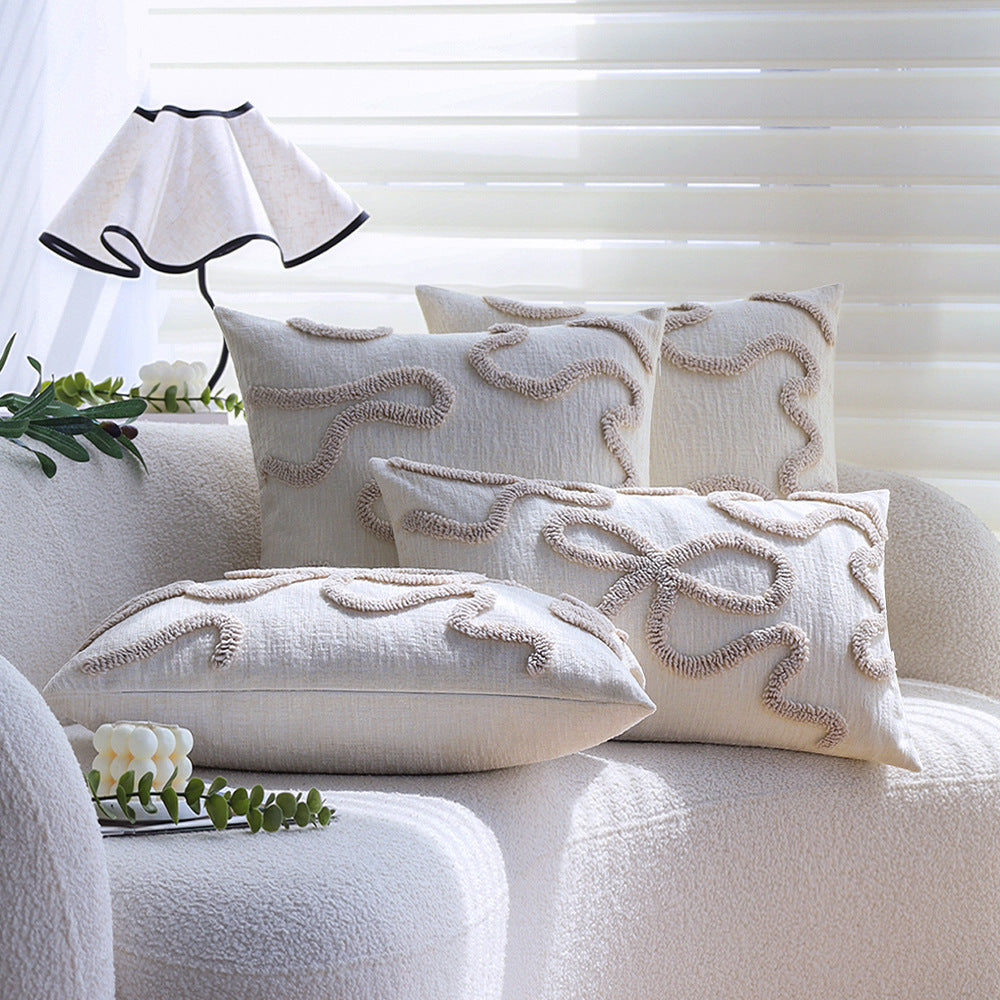 Square decorative cushion cover with hand-tufted bow and wave relief made of cotton-linen mix Stornfield