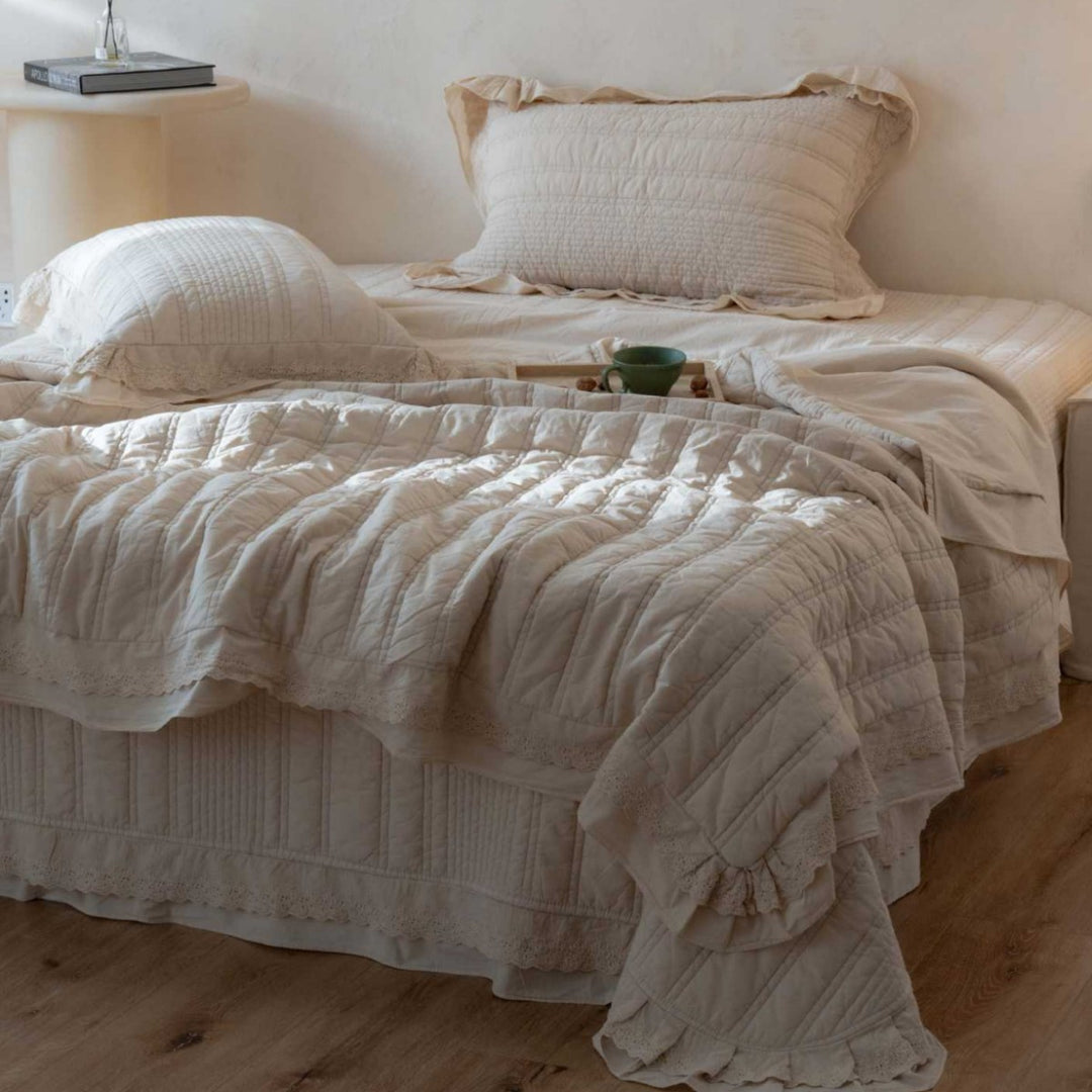 Quilted Washed Cotton Oversized Coverlet with Scalloped Ruffle and Matching Pillow Shams