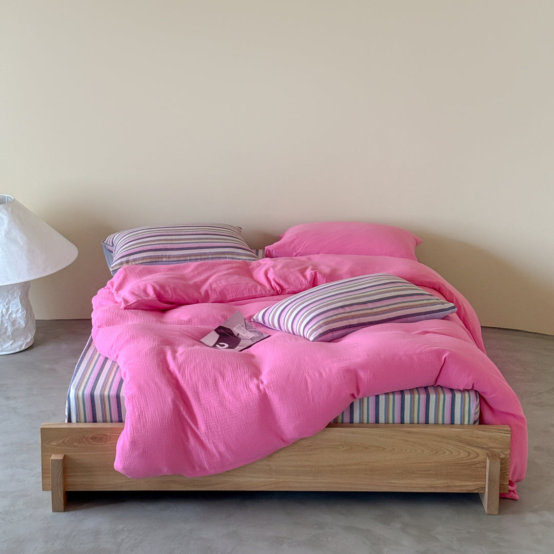 Reversible Cotton-Gauze Duvet Cover and Striped Sheet Set