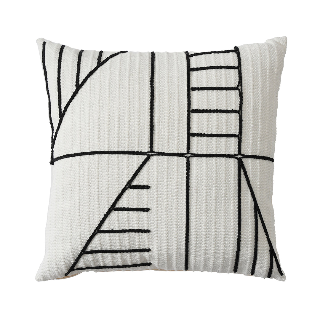 Decorative cushion cover with textured embroidery and geometric line motif