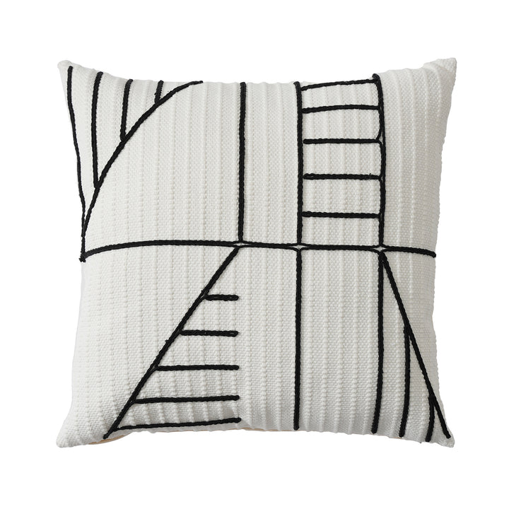 Decorative cushion cover with textured embroidery and geometric line motif