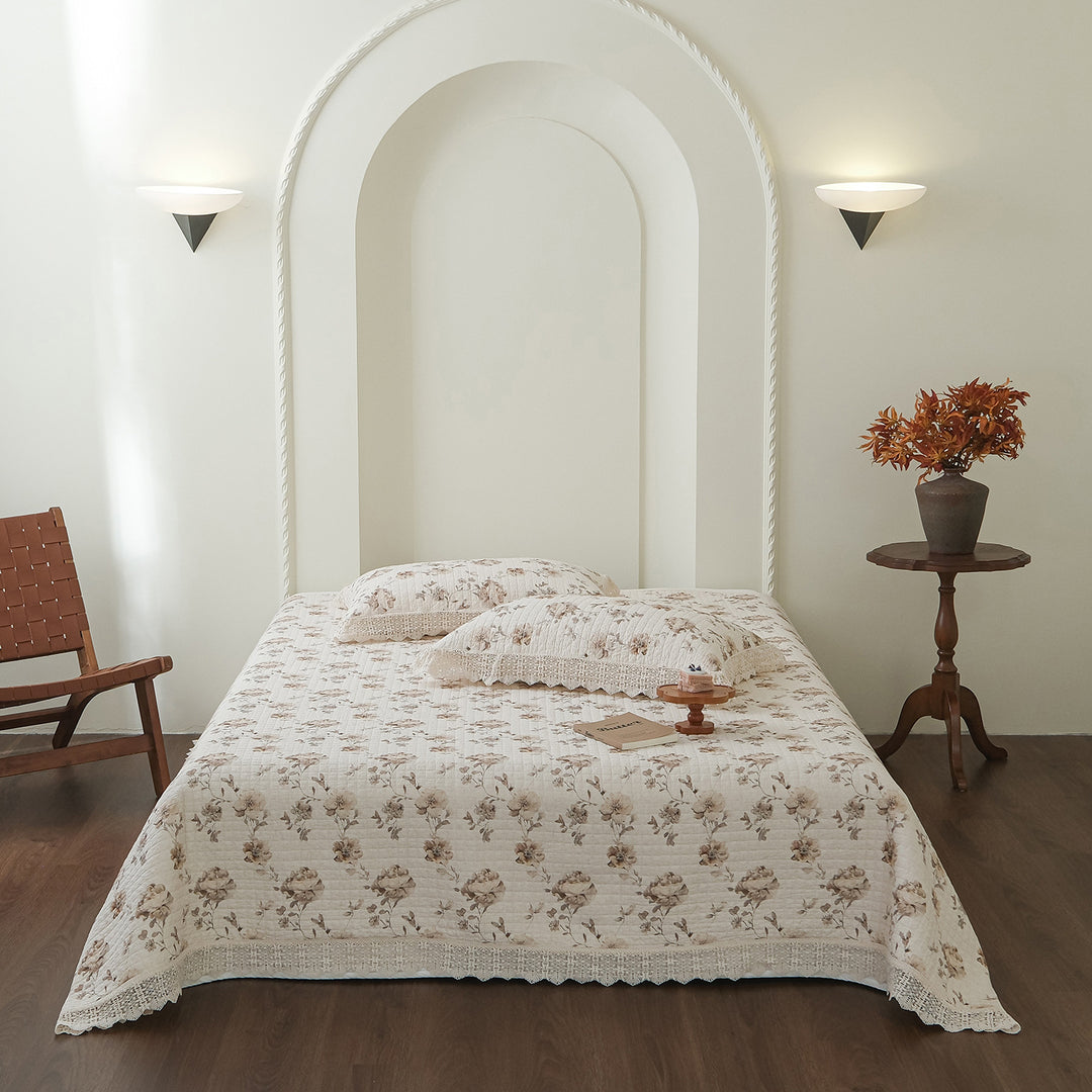 Hand-Quilted Vintage Floral Cotton Bedspread & Crochet-Edged Pillow Sham Set
