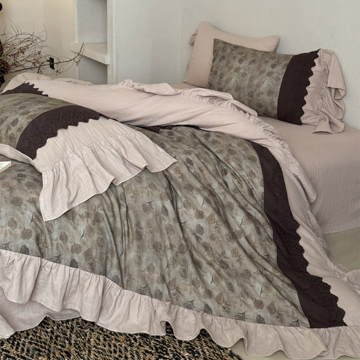 Ruffled Floral Cotton-Linen Blend Duvet Cover Set with Scalloped Embroidered Trim