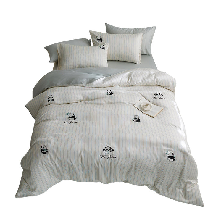 Quilted bed set with panda embroidery and fine stripe texture