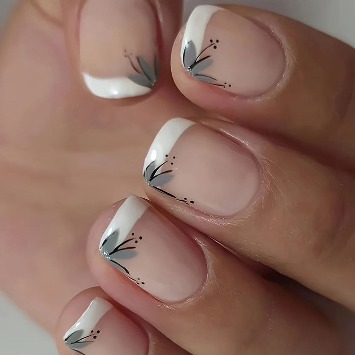 Elegant French Tip Floral Nail Enhancements Stornfield