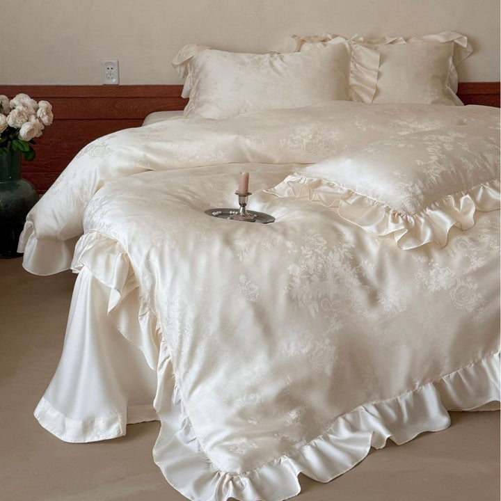 Luxury Satin Ruffled Duvet Cover Set with Jacquard Floral Weave