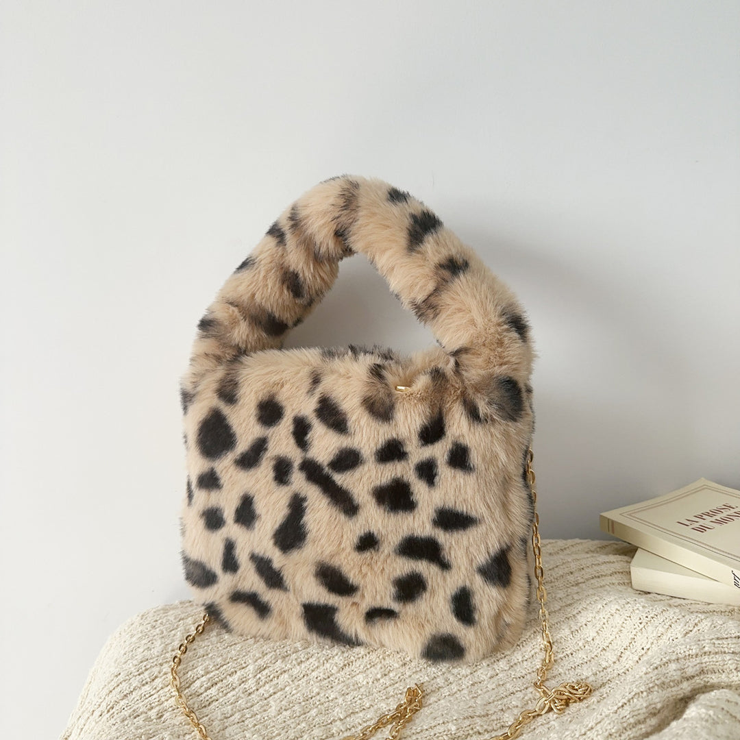 Leopard Print Faux Fur Handheld Bag