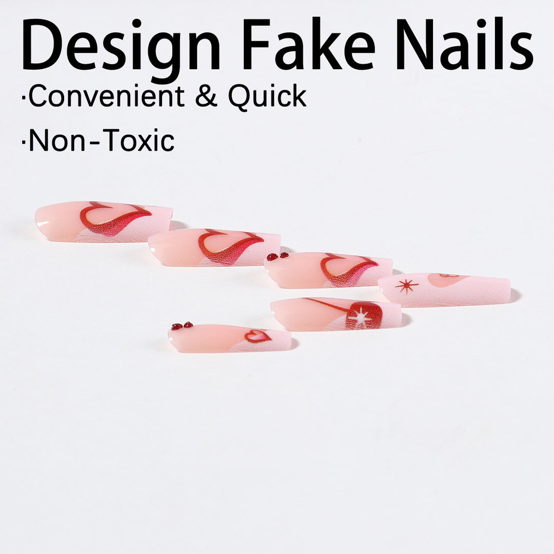 Artificial nail set with romantic heart designs and sparkling rhinestone decorations Stornfield