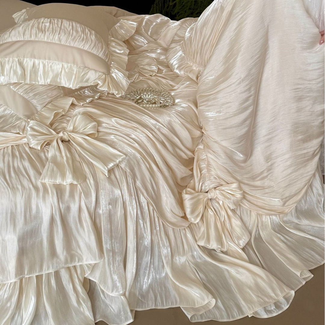 Luxury Pleated Satin Ruffled Bedspread Set with Decorative Bow Accents and Matching Pillow Shams