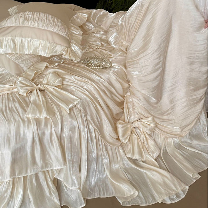 Luxury Pleated Satin Ruffled Bedspread Set with Decorative Bow Accents and Matching Pillow Shams
