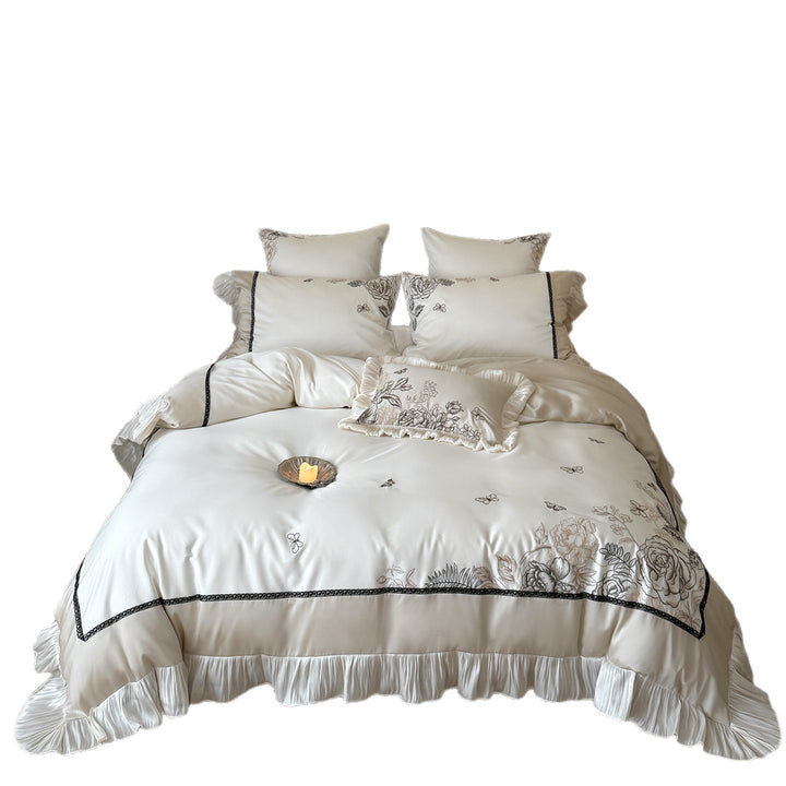 Embroidered Ruffled Satin-Look Duvet Cover Set with Floral & Butterfly Motif