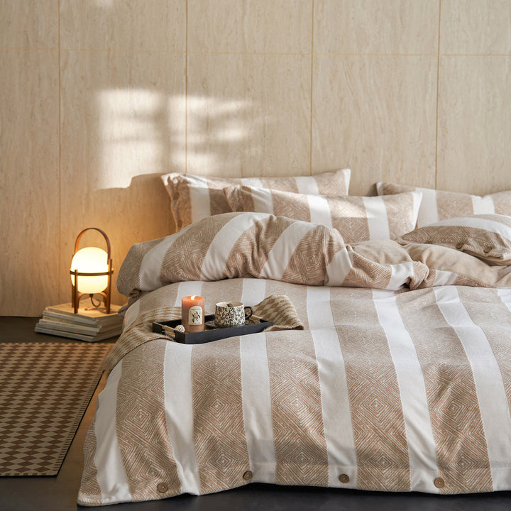 Striped Textured Cotton-Linen Duvet Cover Set with Button Closure and Pillow Shams