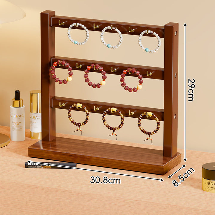 Triple-Tier Wooden Bracelet and Bangle Organizer Display Stand with Gold Hooks