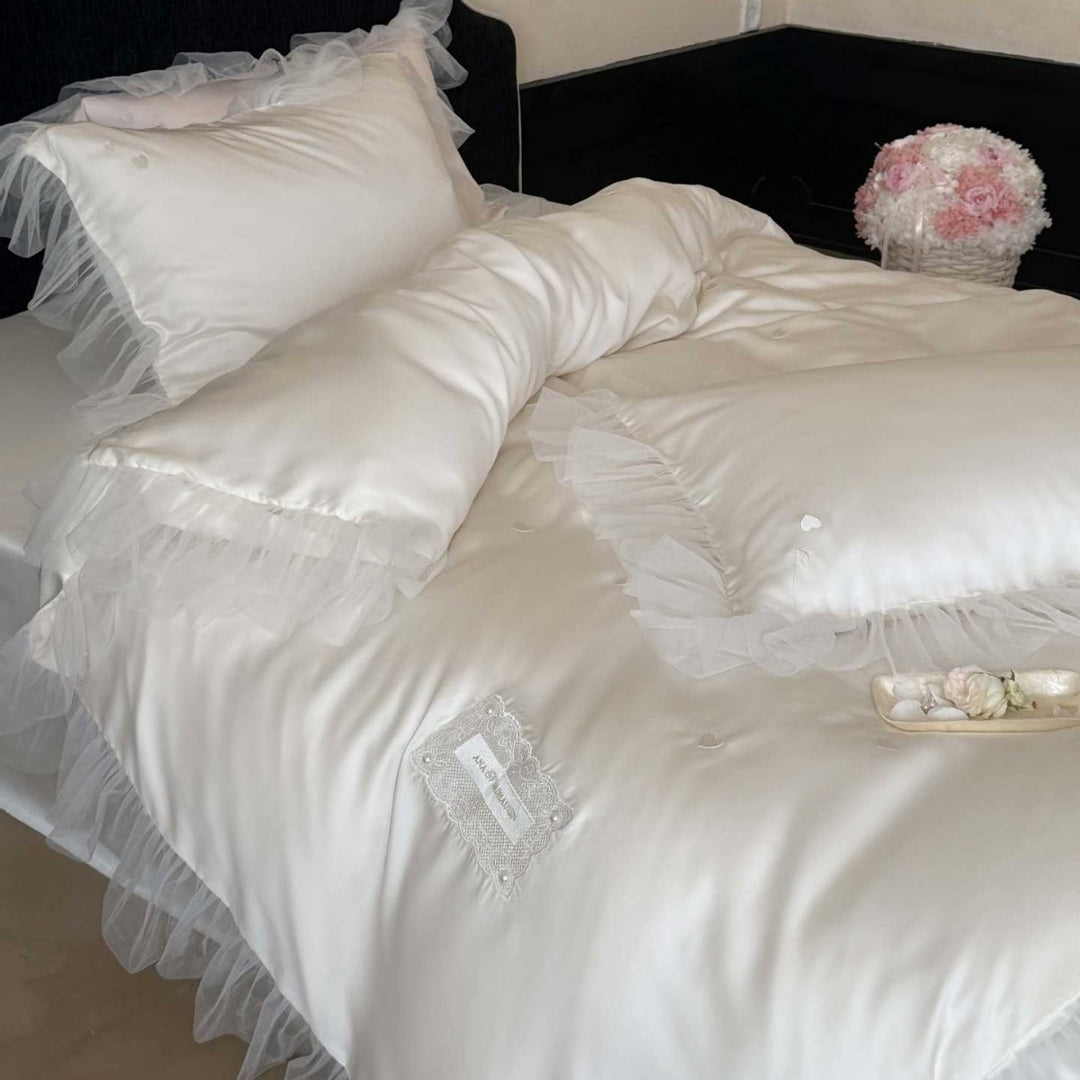 Satin Ruffled Tulle-Trim Button-Down Duvet Cover Set