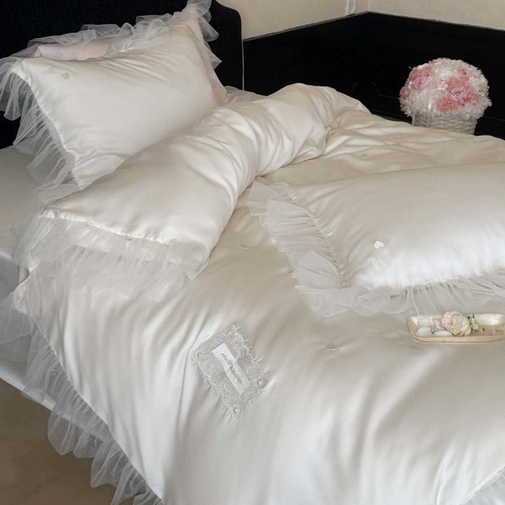 Satin Ruffled Tulle-Trim Button-Down Duvet Cover Set