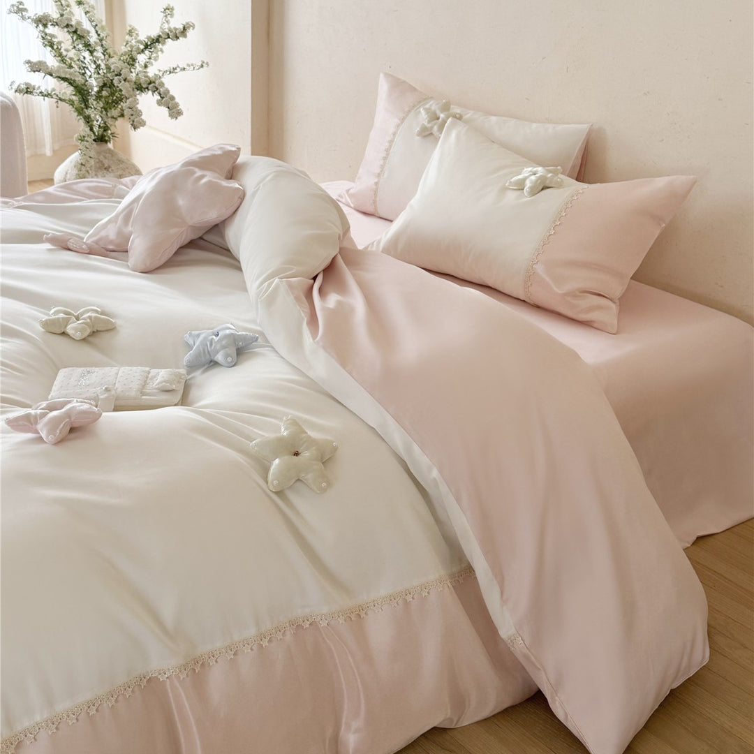 Luxury Silk-Feel Satin Duvet Cover Set with 3D Star Appliqué & Lace Trim