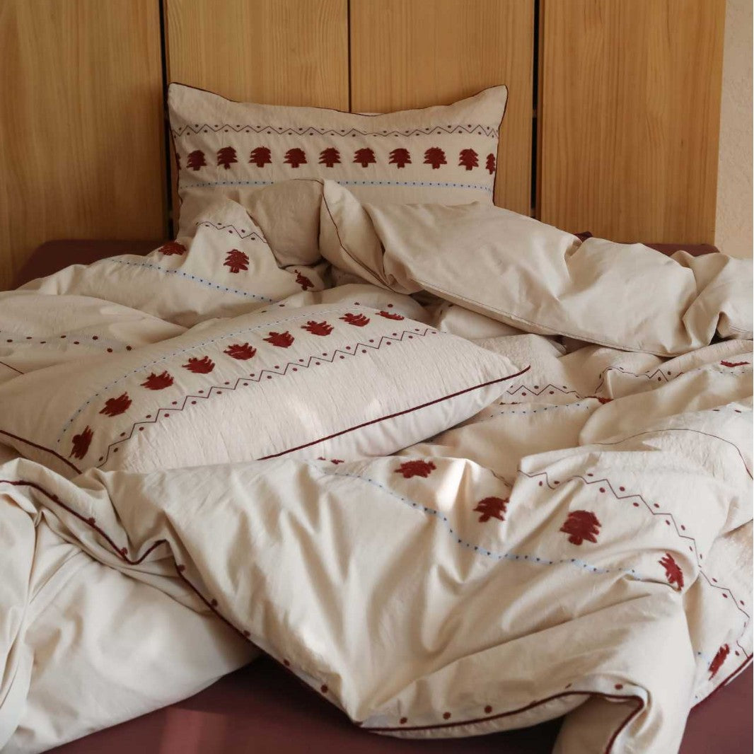 Botanical Embroidered Cotton Sateen Duvet Cover Set with Reversible Lined Pillowcases