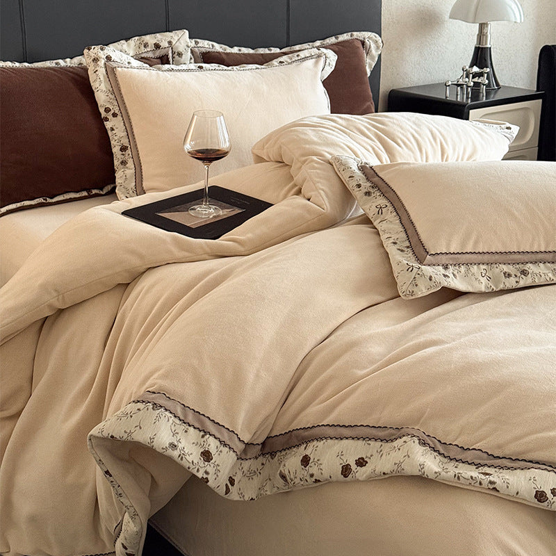 Plush Brushed Microfiber Duvet Cover & Sham Set with Floral Scalloped Trim