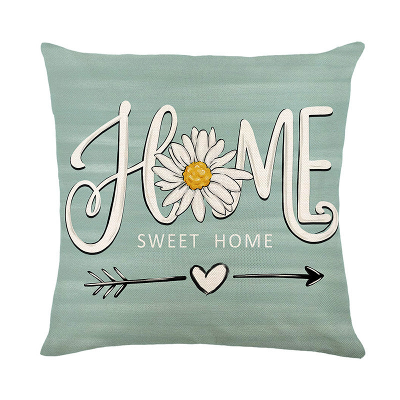 Decorative Throw Pillow with Farmhouse Bless Home Script and Daisy Accent