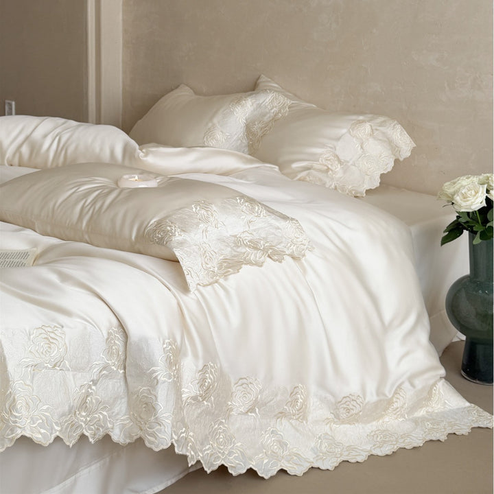 Luxury Embroidered Satin Duvet Cover Set with Scalloped Rose Lace Trim