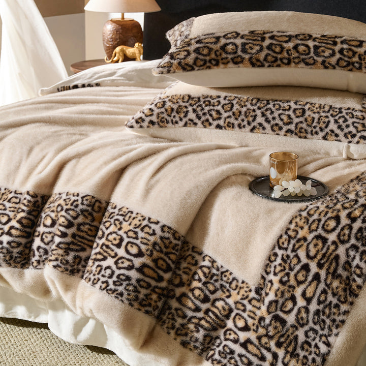 Plush Faux-Fur Leopard-Trim Reversible Duvet Cover Set with Decorative Shams
