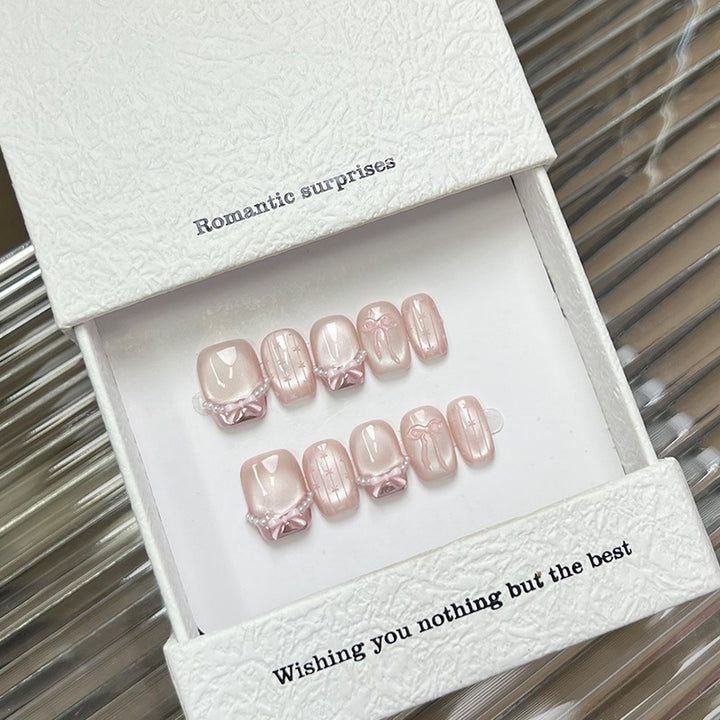 Romantic Bow-Embellished Press-On Nail Design