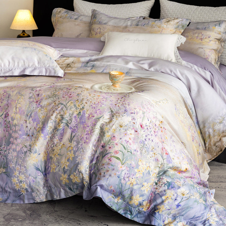 Silk-gloss satin bed linen set with watercolored meadow flower print and concealed zipper
