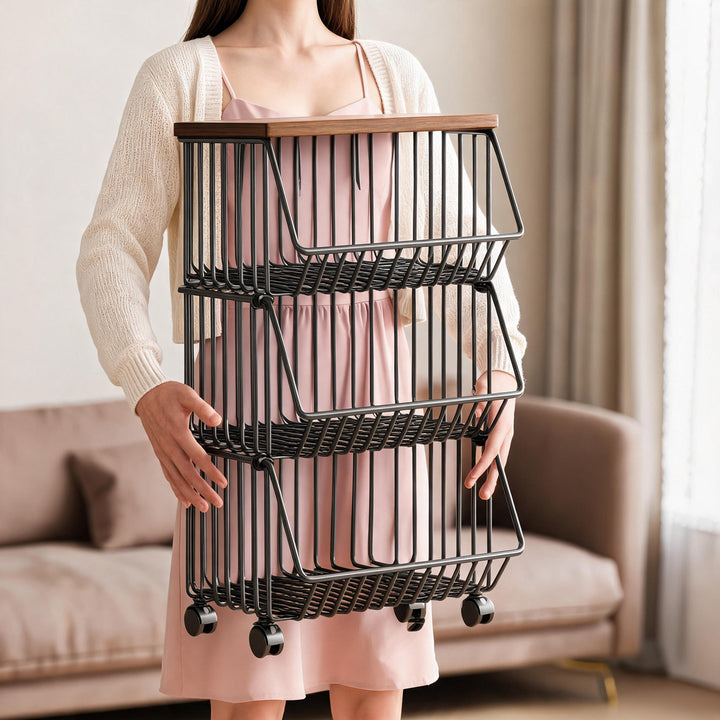 Slim Vertical Multi-Tier Fruit and Vegetable Storage Cart with Wood Top and Locking Casters