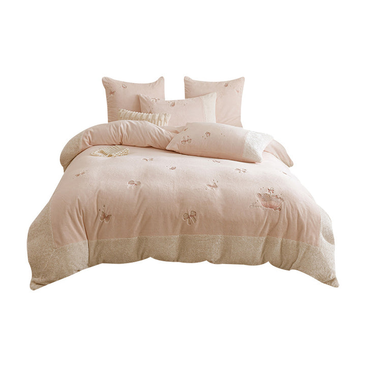 Plush Embroidered Bow Motif Sherpa-Trim Duvet Cover & Pillow Sham Set