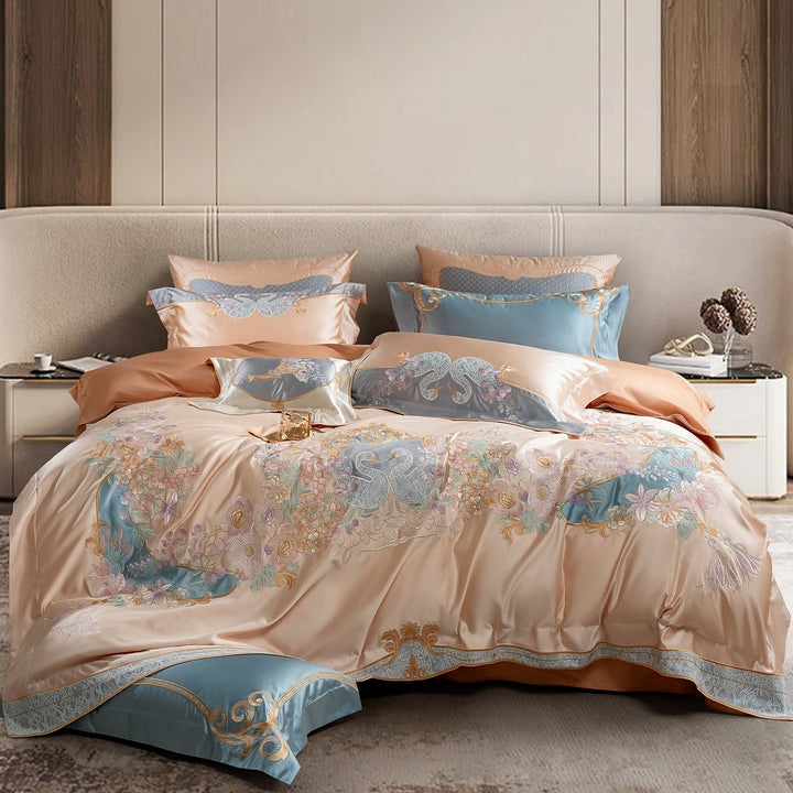 Embroidered Luxury Satin-Feel Duvet Cover Set with Hidden Zipper & Oxford Shams