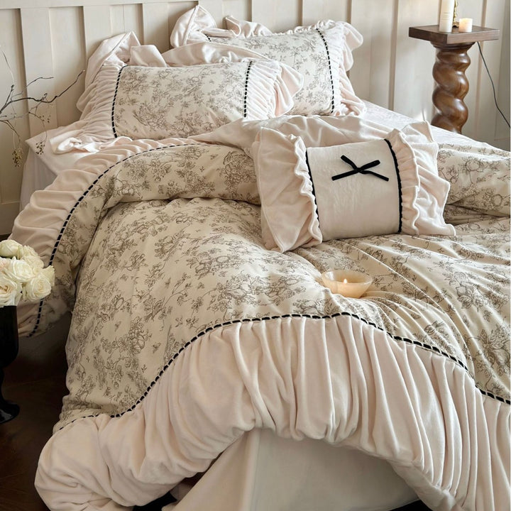 Romantic cotton satin bed linen set with ruffles, floral toile look and decorative pillow