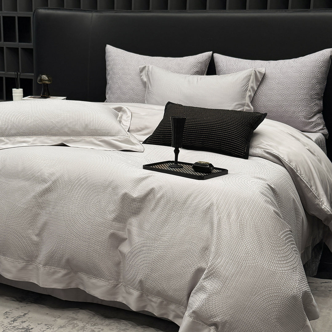 Textured Jacquard Cotton Sateen Duvet Cover Set with Satin-Finish Border and Quilted Euro Shams